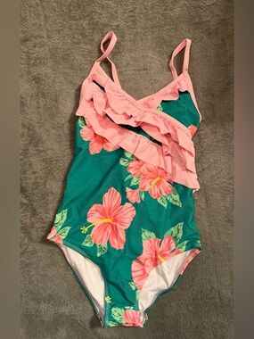 New Girls Flower Pink And Green One Piece Swimsuit Size 7 ( XL)